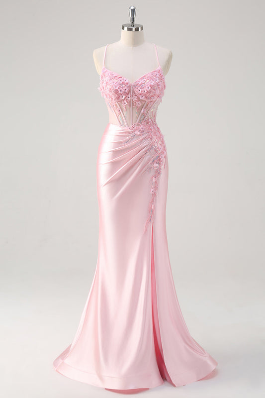 Robe de bal sirène rose en satin fleuri avec corset, fines bretelles et fente