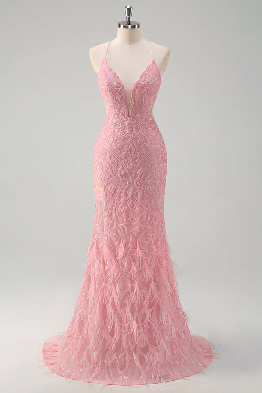 Robe de bal longue à paillettes avec bretelles fines, sirène rose scintillante et plumes
