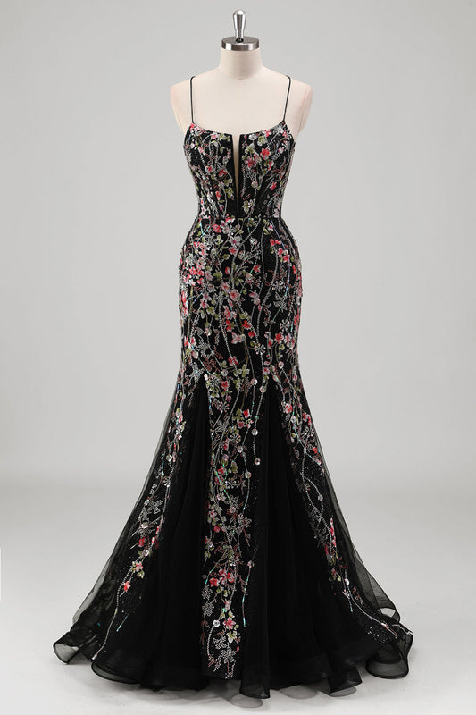 Robe de bal sirène en tulle noir à bretelles spaghetti, perlée de motifs floraux