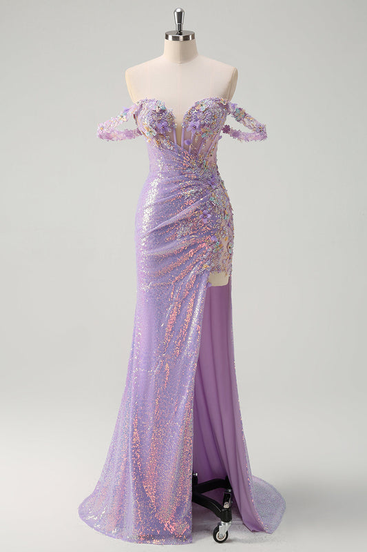 Robe de bal sirène violet clair scintillante à épaules dénudées avec fente et paillettes