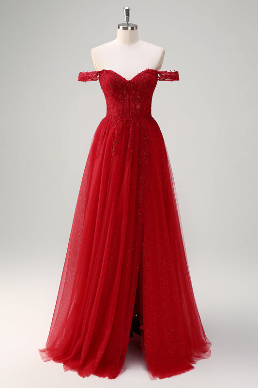 Robe de soirée longue trapèze rouge en tulle avec corset et fente, épaules dénudées
