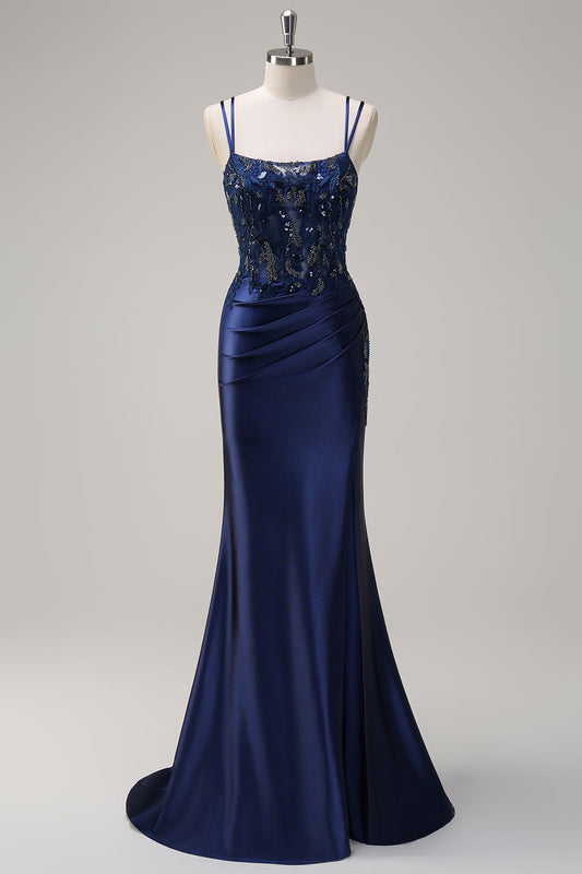 Robe de bal longue ruchée en satin avec corset à bretelles spaghetti et fente, Bleu Marine
