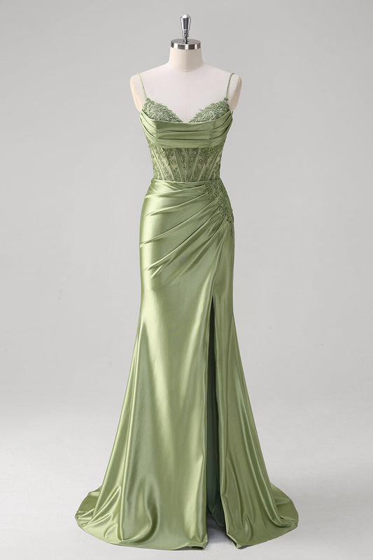 Robe de bal bustier plissée coupe sirène vert émeraude à fines bretelles