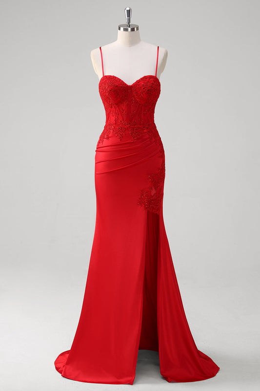Robe de bal longue sirène en satin rouge à corsage avec bretelles spaghetti et appliques