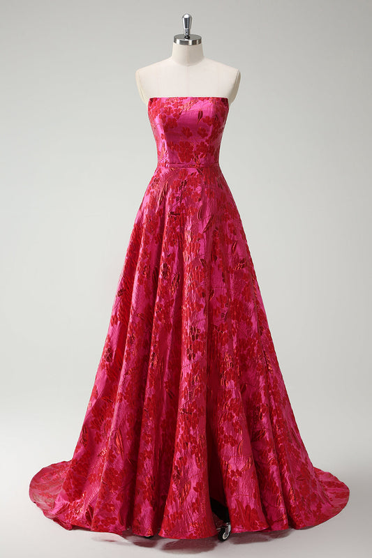 Robe de bal longue fuchsia sans bretelles en forme de A avec motif floral