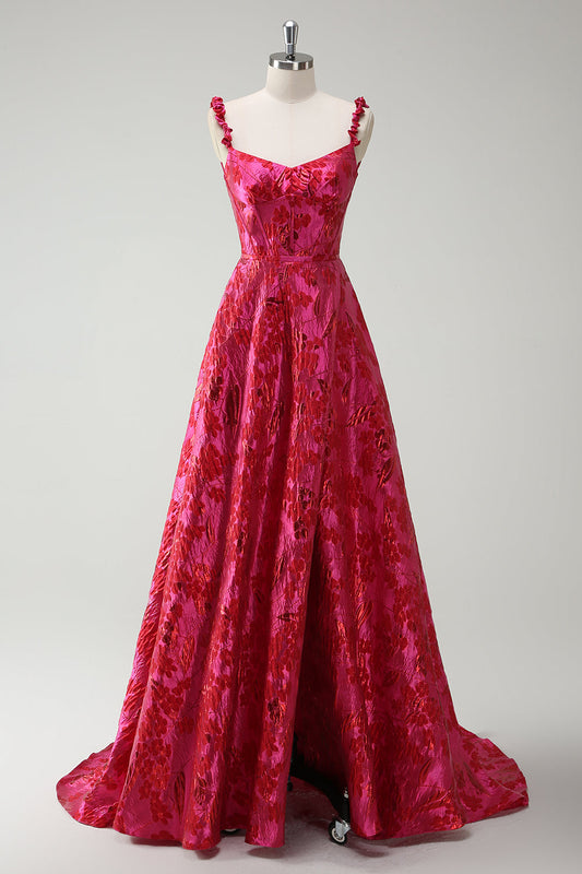 Robe de bal longue fuchsia trapèze à fines bretelles en jacquard floral avec fente