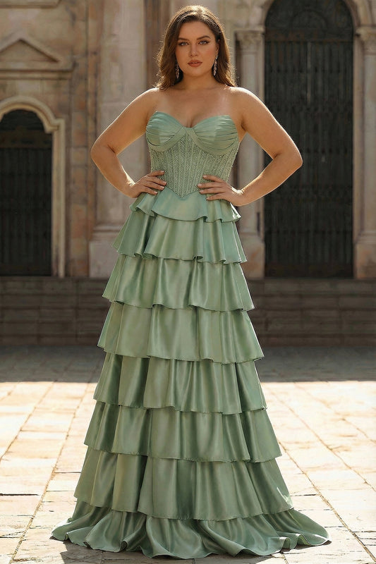 Robe de bal longue corset princesse satiné étagé vert doux grande taille avec fente