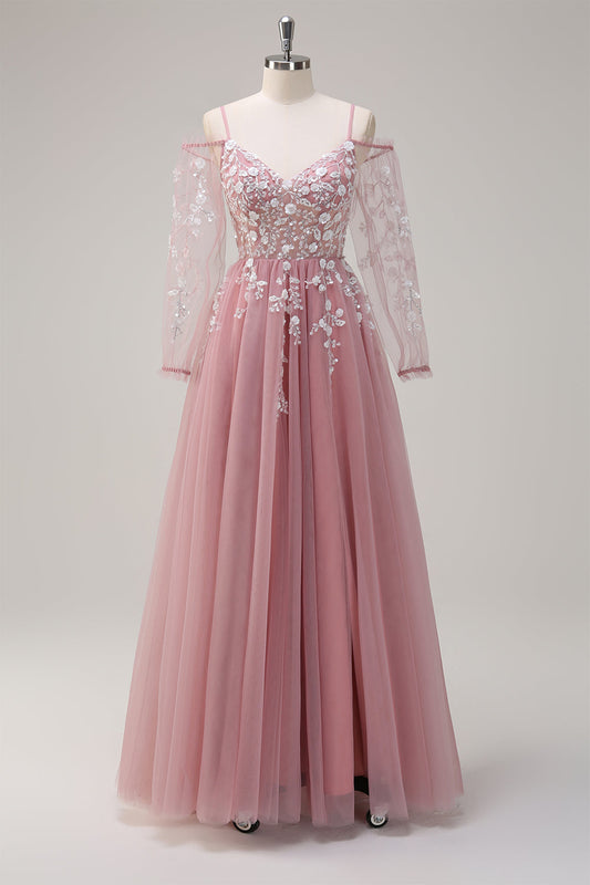 Robe de bal longue évasée rose poudré avec épaules dénudées, corsage et appliqués, et fente