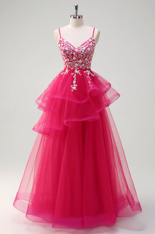 Robe de bal longue en tulle évasée fuchsia scintillante à fines bretelles et volants avec appliques