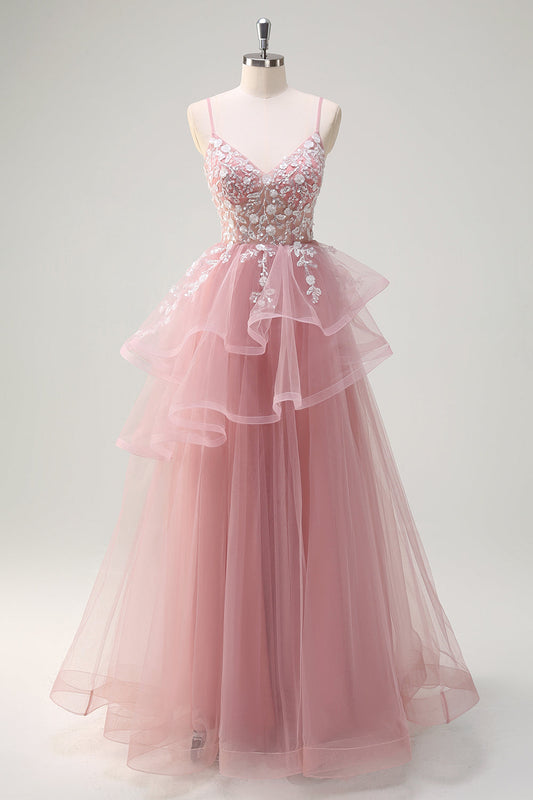 Robe de bal longue en tulle à niveaux avec volants en spirale, coupe trapèze, couleur gris rose, avec applications