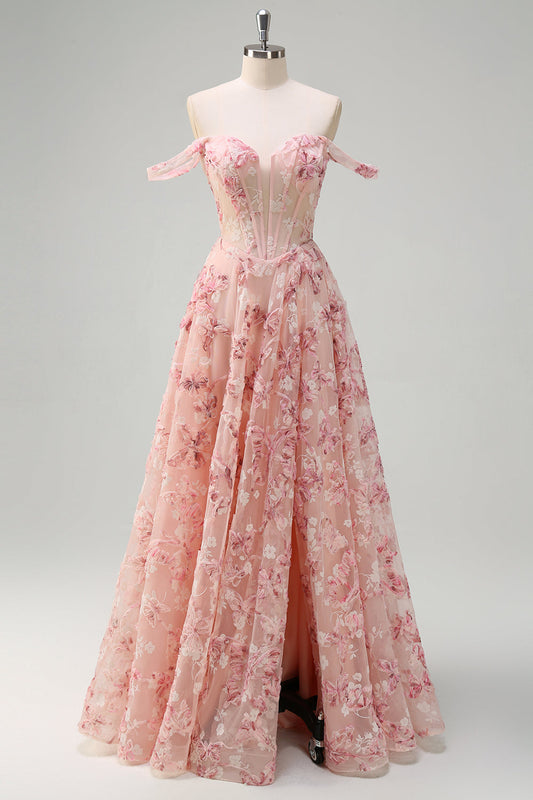 Robe de bal corsage trapèze à épaules dénudées avec fente et imprimé floral rose