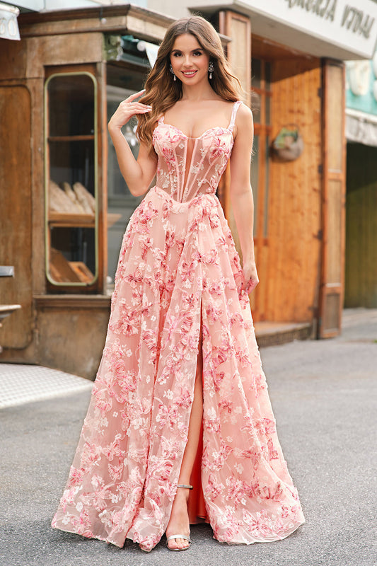 Robe de bal trapèze rose à épaules dénudées avec corset, papillons 3D, fleurs et fente