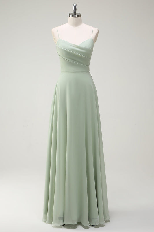 Robe longue de demoiselle d'honneur trapèze en mousseline de soie Dusty Sage à fines bretelles