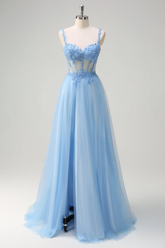 Robe de bal longue bleu scintillant en ligne A avec corset transparent, dos lacé et fente