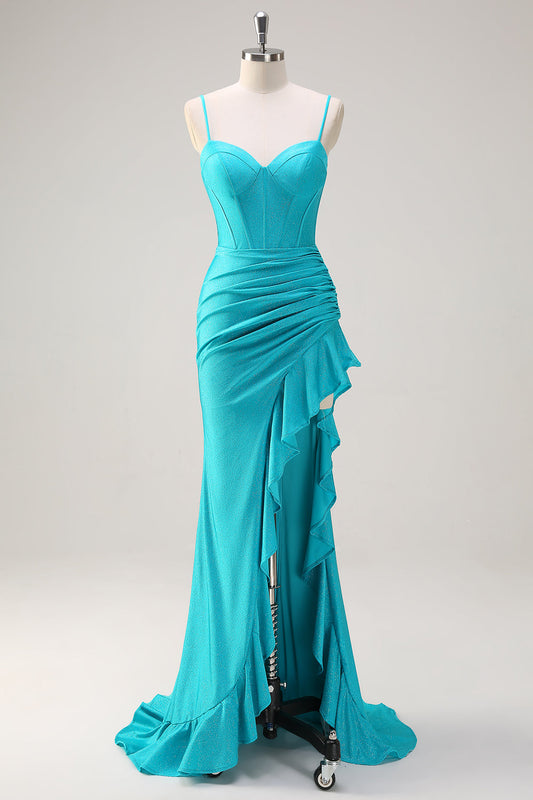 Robe de bal sirène bleue longue bustier, bretelles spaghetti, perles, fente à volants
