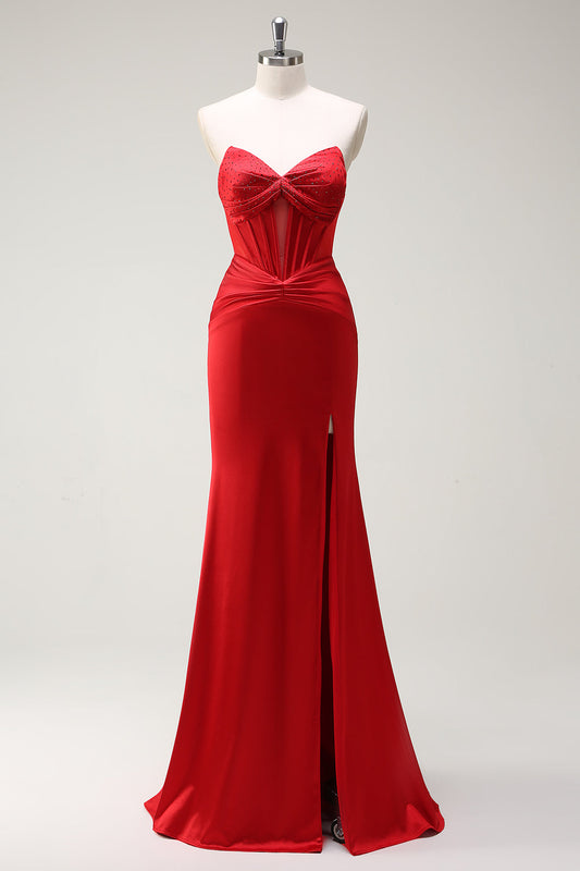 Robe de bal longue sirène cœur rouge avec fente