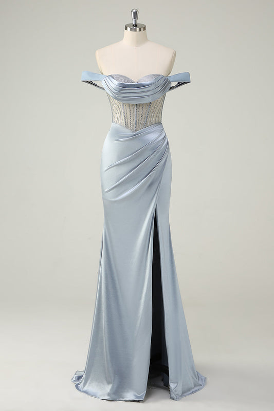 Robe de bal longue bleu poudré de style sirène avec corset et épaules dénudées, fente comprise