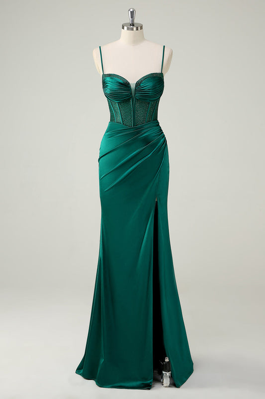 Robe de bal longue corset sirène vert foncé à bretelles spaghetti et fente