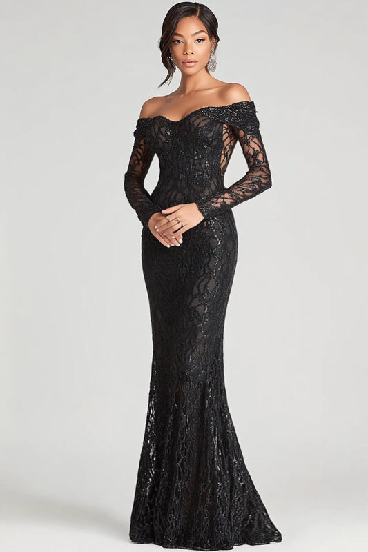 Robe de soirée noire fourreau à épaules dénudées en maille et dentelle