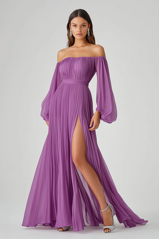Robe de soirée longue fendue en mousseline violette avec manches longues et coupe trapèze
