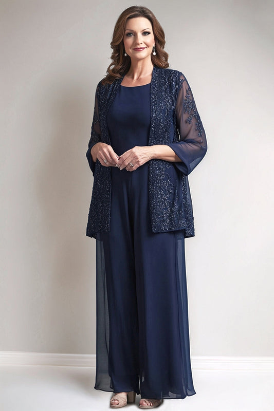 Navy Round Neck Sequin 2 Piece Mother Pant Suit with Appliques