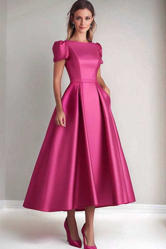 Fuchsia A-Line Dress with Puffy Sleeves for the Godmother