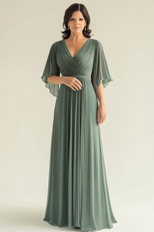 Robe de mère de la mariée en mousseline Agave plissée à manches évasées et col en V