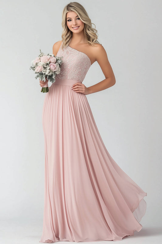 Robe de demoiselle d'honneur trapèze asymétrique en dentelle et mousseline de couleur blush