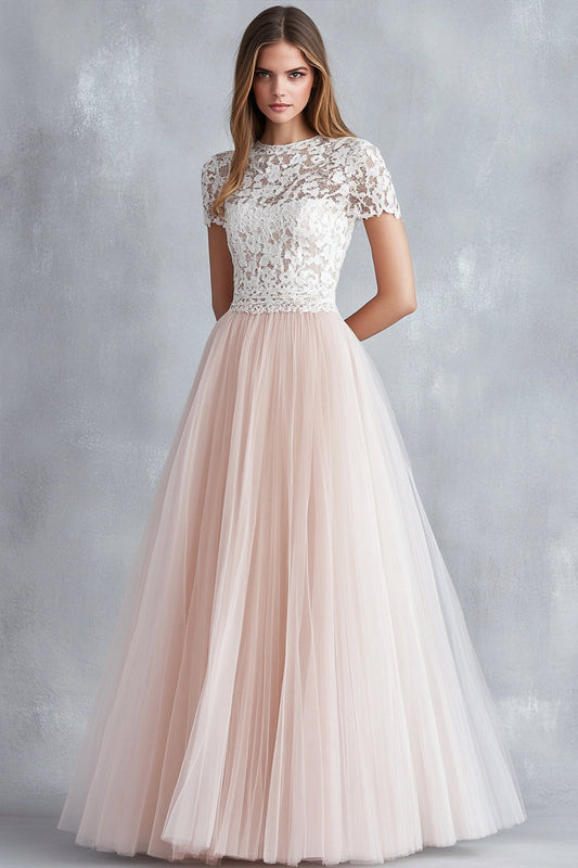 Robe de demoiselle d'honneur trapèze en dentelle et tulle rose clair à manches courtes