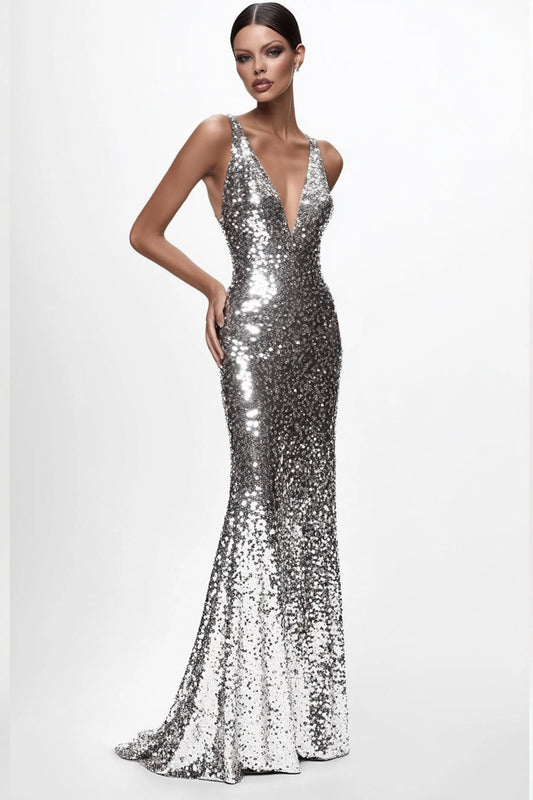 Sparkly Silver V-neck Sequins Mermaid Long Formal Dress