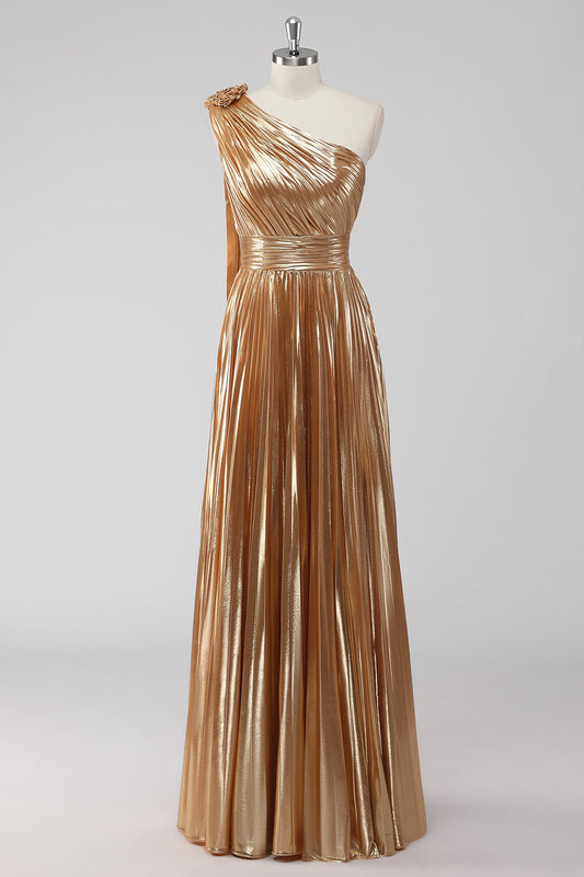 Robe de Soirée Plissée Asymétrique Épaule Dénudée en Satin Métallisé Doré Coupe A-line