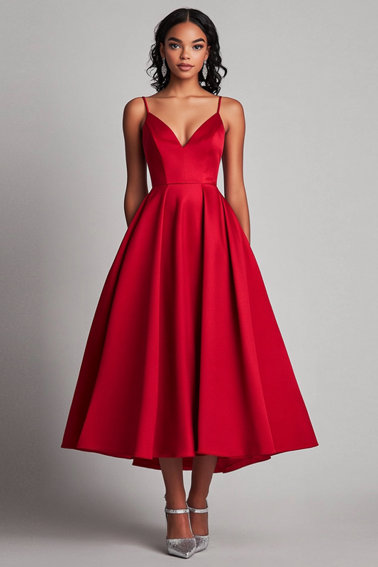 Robe de soirée rouge satiné coupe trapèze longueur thé