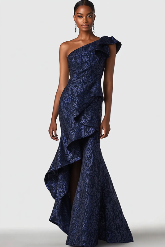 Navy One-Shoulder Ruffled Mermaid Formal Dress