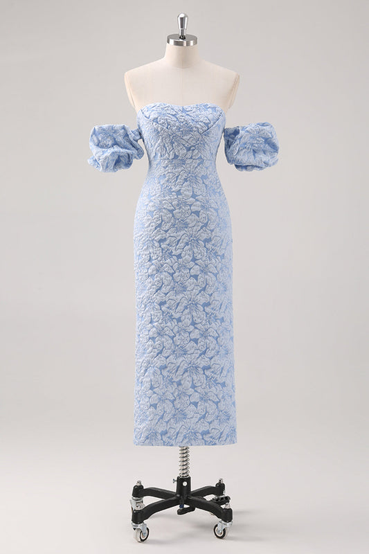 Robe de soirée mi-longue fleurie bleue à manches bouffantes