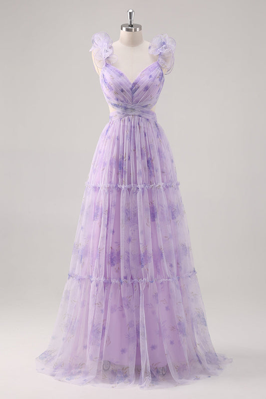 Vestido largo plisado de dama de honor con corte en A y estampado de flor de lavanda