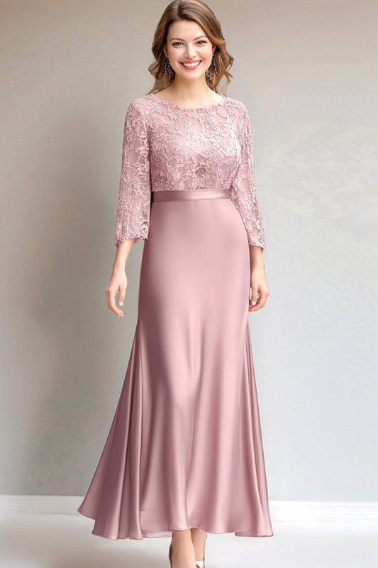 Robe de mère de la mariée ruchée à manches longues en dentelle rose
