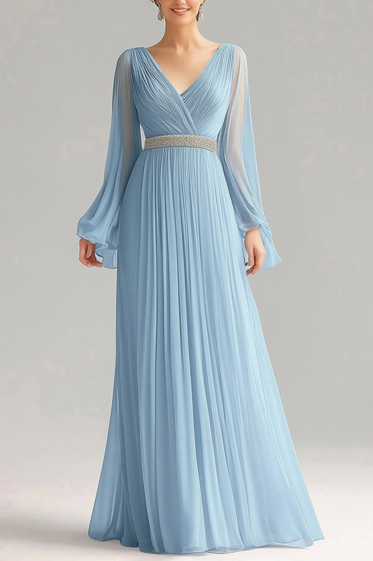 Sky Blue A-Line Chiffon V-Neck Long-Sleeve Formal Dress