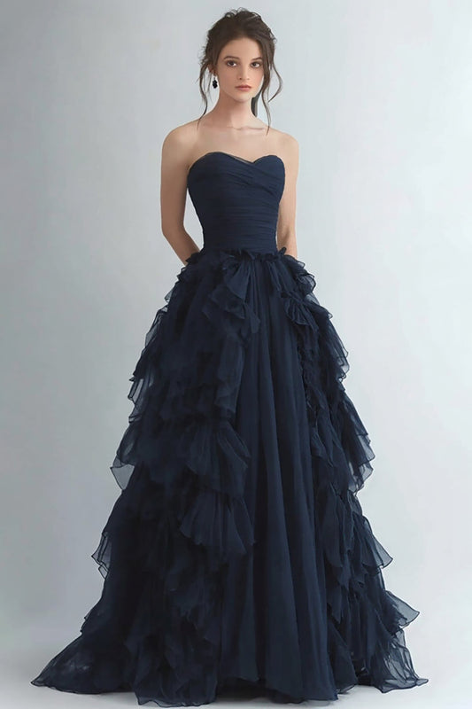 Navy Organza Tiered Strapless A-Line Formal Dress
