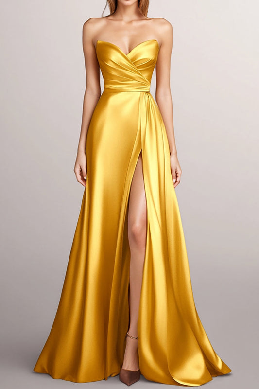 Robe longue de soirée jaune satinée à coupe évasée, bustier, drapé, ourlet fendu