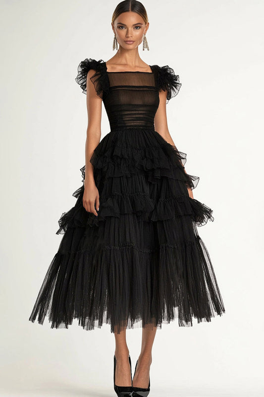 Robe de soirée trapèze noire à manches flottantes, volants et tulle, longueur thé