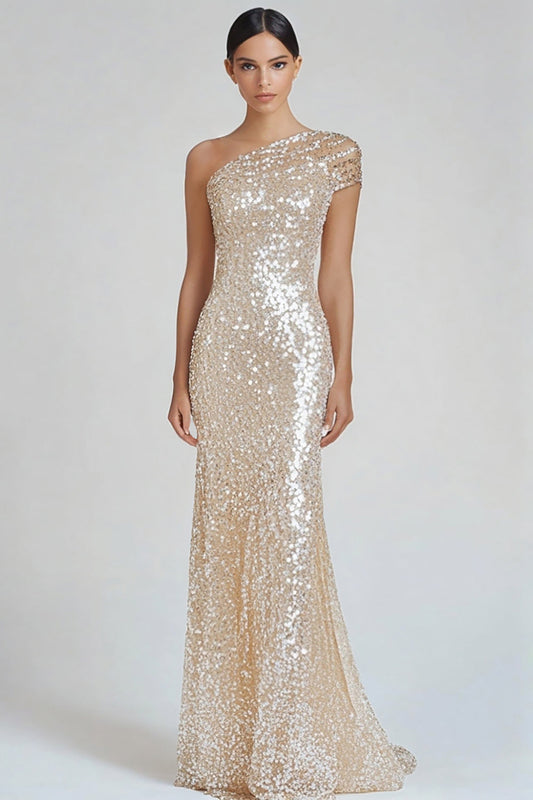 Robe de soirée sirÚne asymétrique champagne scintillante à sequins