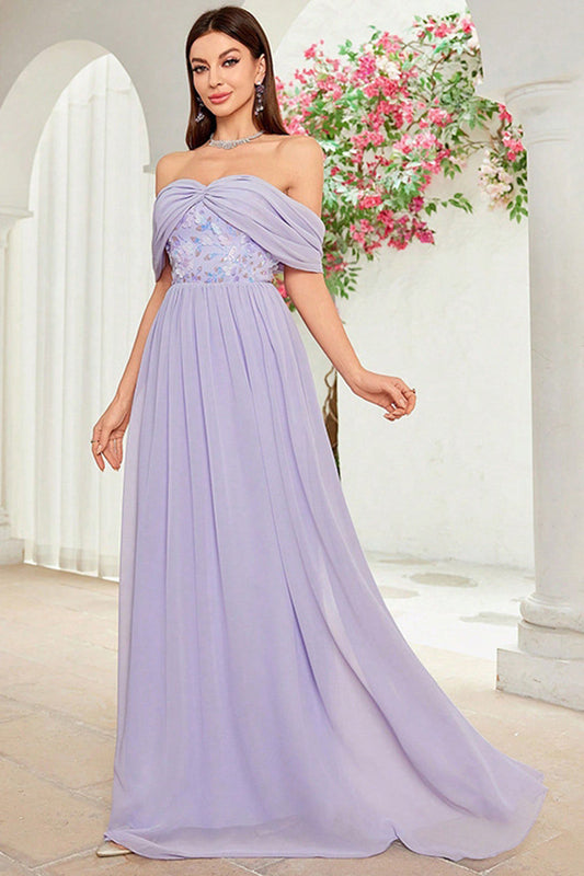 Robe de bal longue fleurie gris violet à épaules dénudées