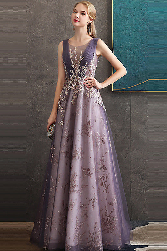 Robe de bal longue en tulle violette coupe trapèze à col rond