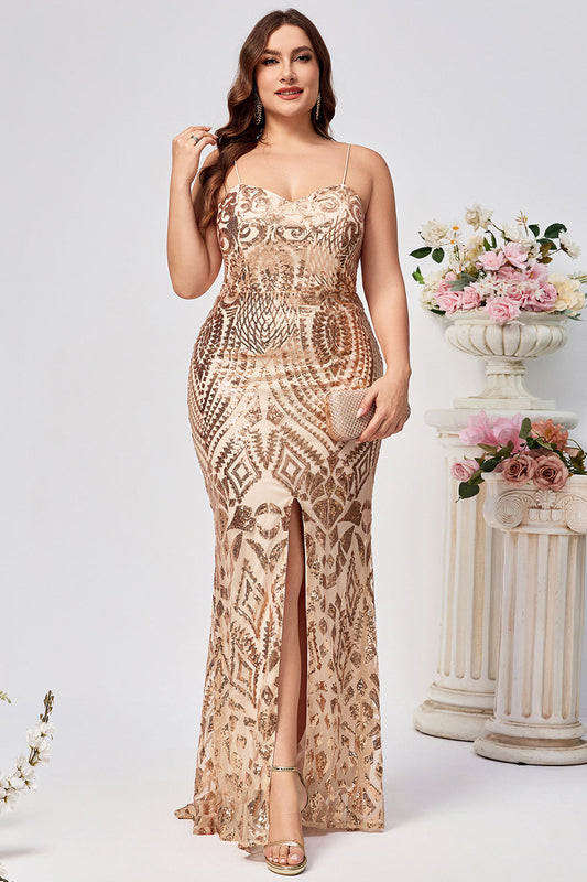 Sparkly Plus Size Golden Mermaid Sequin Embroidered Long Prom Dress with Slit