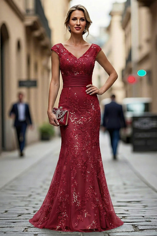 Robe sirène bordeaux foncé brodée, col en V, avec sequins pour mère de la mariée