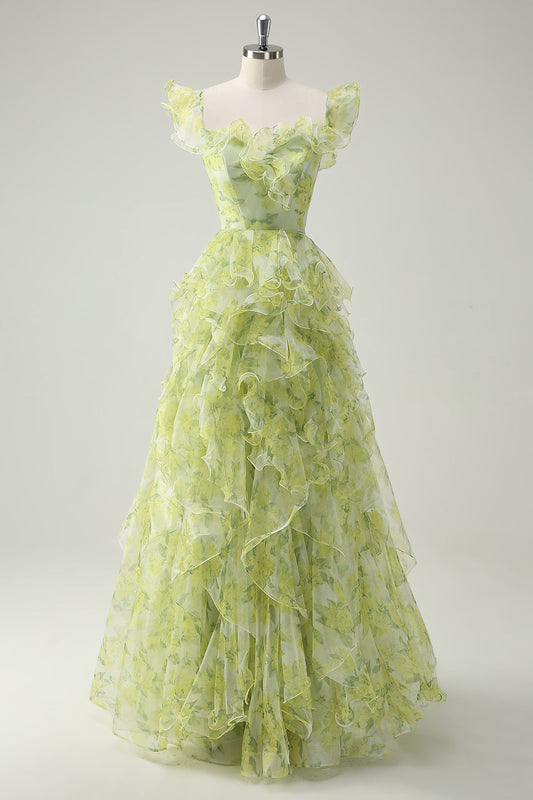 Robe de bal longue évasée à col carré et volants motif floral vert sauge poussiéreux