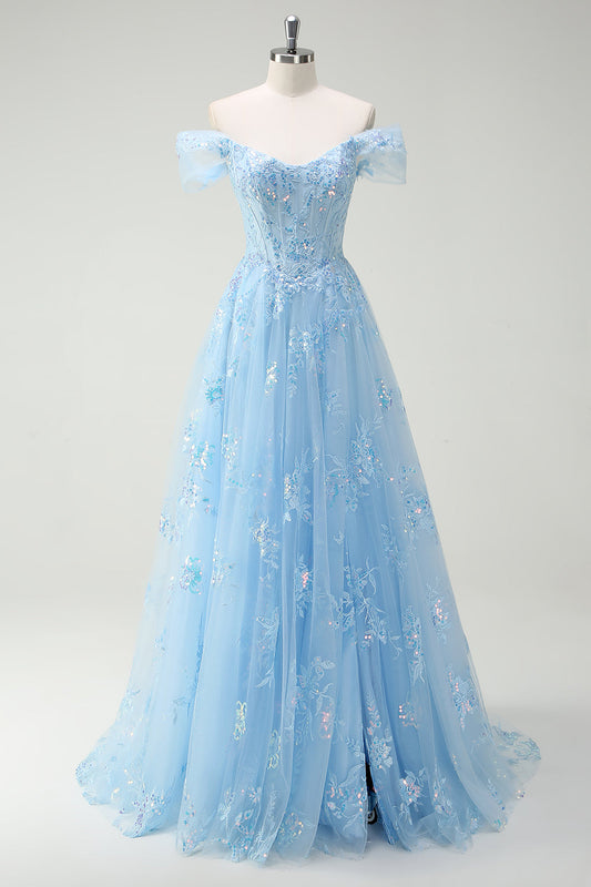 Robe de bal trapèze bleu ciel scintillante avec fente, épaules dénudées