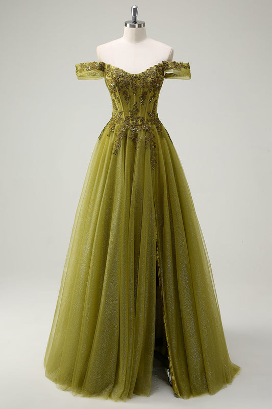 Robe de soirée longue trapèze vert armée à épaules dénudées avec fente
