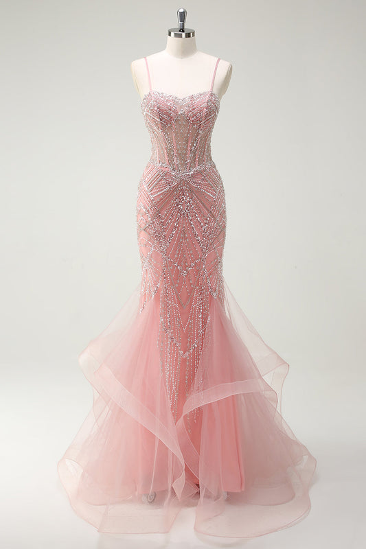 Robe de bal longue corset sirène rose pailletée à fines bretelles