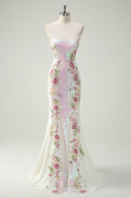 Robe de bal longue sirène bustier fleurie blanche scintillante